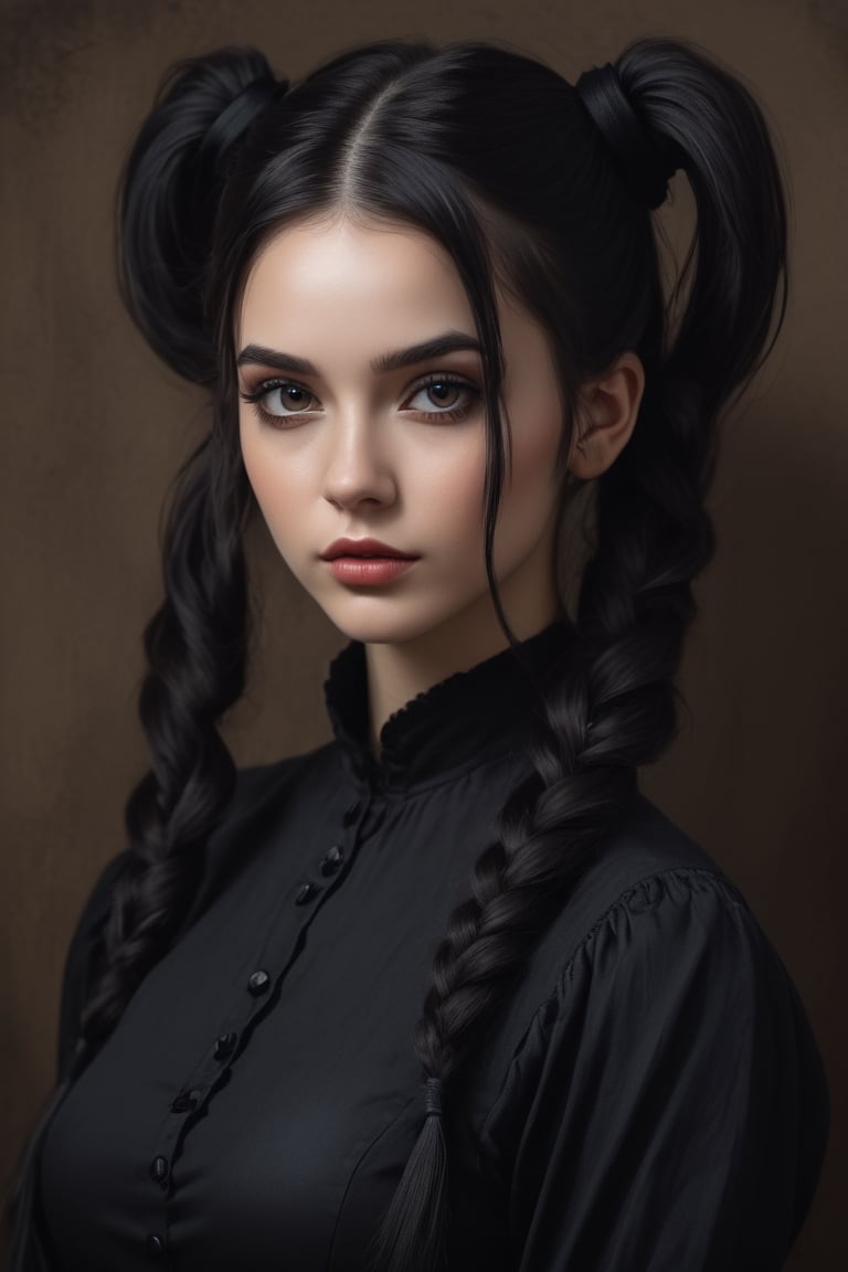 raw realistic potarait of  beautiful girl with long black hair in twin pigtails wearing a black dress, a character portrait, inspired by Halloween, beautiful round face,Artstation, gothic art grimes - book 1 album cover, home photography portrait, , looking at camera twintails hairstyle black shirt, art set , Halloween hunted house background seductively, painting, by Alexander Kanoldt, Artstation, cinematic portrait, (beautiful) girl, big cheekbones, gothic style painting of sexy, doodle, diego dayer, with round face, realistic - n 9, artist unknown, ann stokes, cute adorable, sharpie, cinemtic lookcinemtic look , (((((((grainy cinematic,  godlyphoto r3al,detailmaster2,aesthetic portrait, cinematic colors, earthy , moody,  )))))))