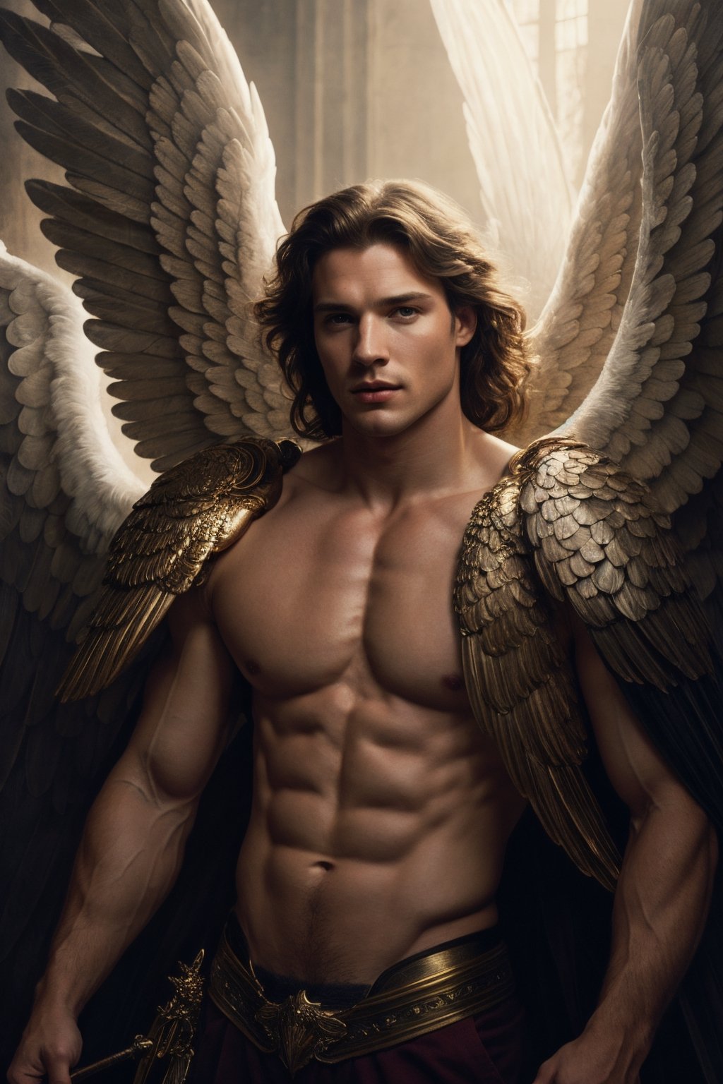 photorealistic portrait of a muscular male angel hiding behind his big wings, large wings, highly detailed portrait, atmospheric lighting, high quality, 4 k, by leonardo gallagher ich parrish, tom bagshaw, smooth, sharp focus, by gaston bussiere  and j