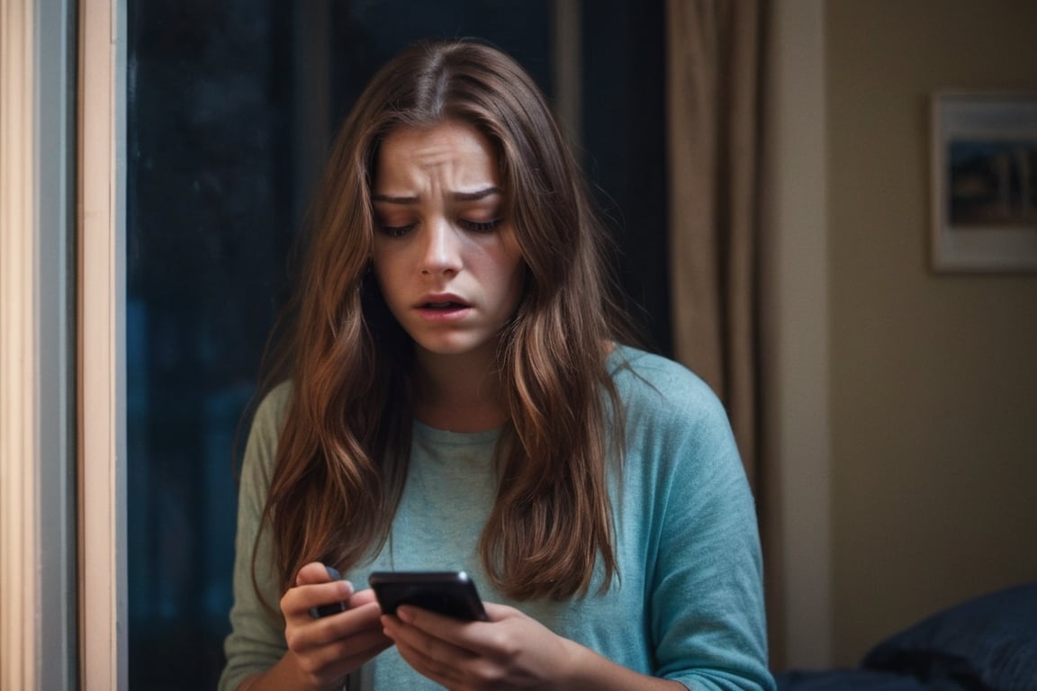 a beautiful young woman with long cinnamon brown hair,standing beside her window of her  bed room , shocked,and sceard, (eyes open with terror)holding a phone reading text,look at her phone , Dimly Lit  room, detailed face,  dark theme, Night, soothing tones, muted colors, high contrast, (natural skin texture, hyperrealism, soft light, sharp), (freckles:0.3), (cinemtic scene),  Cannon EOS 5D Mark III, 85mm