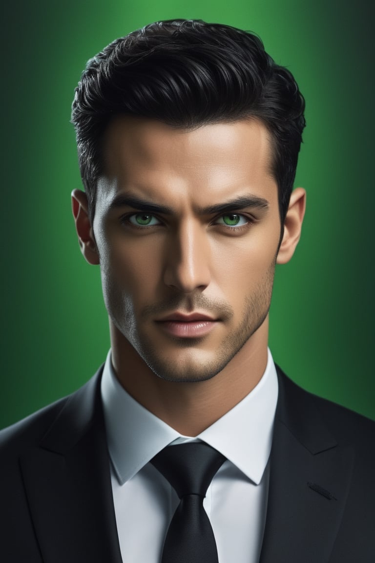 raw realistic  potarait of a handsome man wearing a fitted black suit,, a character portrait, inspired by Max Magnus Norman, digital art, attractive male with green eyes a handsome man,black hair, middle eastern skin, green mist swirling around hin, beautiful green intricate and golden wall in background, promotional image, (aesthetics), avatar image, hasan piker, july, f/9, advertising photo, gantz, pictured from the shoulders up muscular,cinemtic aesthetic,by Alexander Kanoldt, Artstation, cinematic portrait,big cheekbones, diego dayer, with round face, realistic - n 9, artist unknown, ann stokes,sharpie, cinemtic lookcinemtic look , (((((((grainy cinematic,  godlyphoto r3al,detailmaster2,aesthetic portrait, cinematic colors, earthy , moody,  )))))))