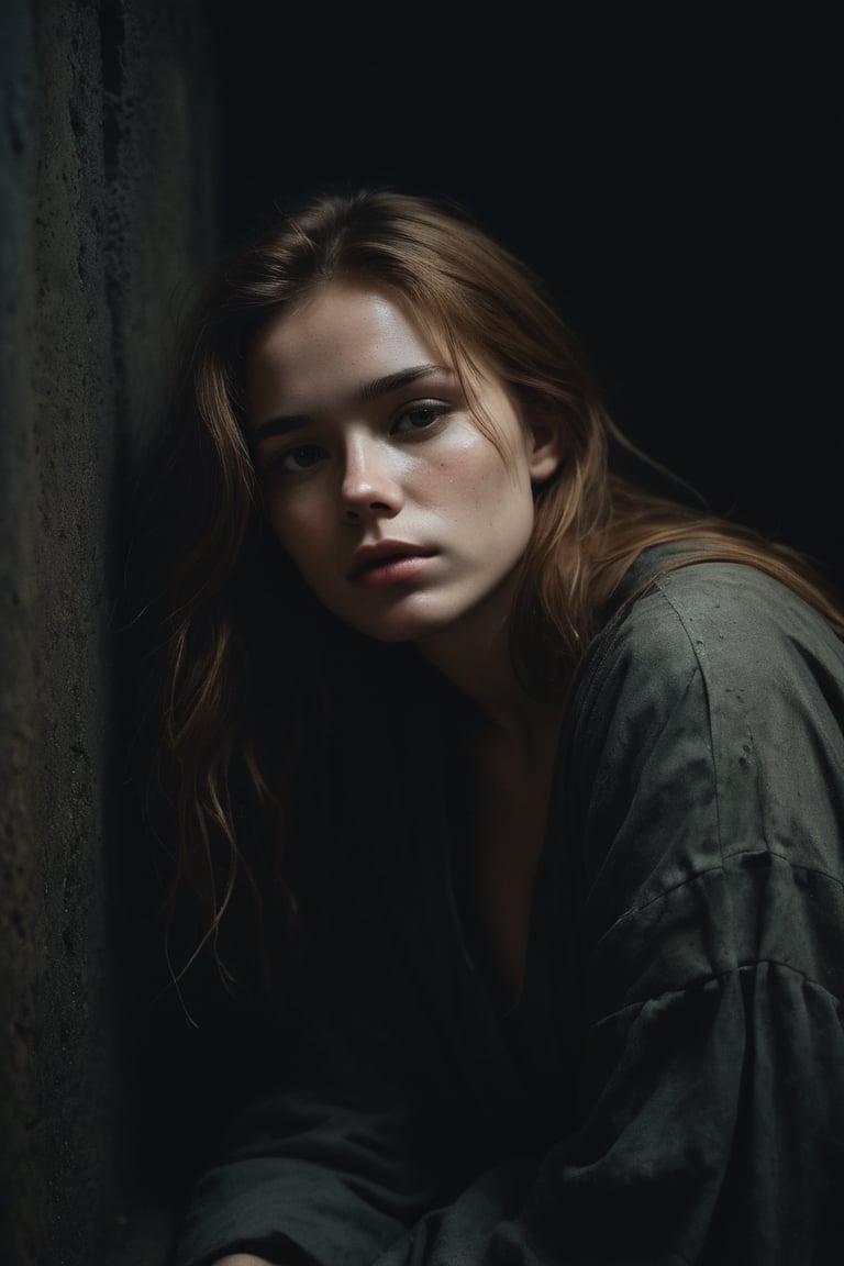 a sad oil painting of a girl lying in dark dungeon cell in dirty tunic, golden brown hair,dark cinemtic, depressed,sad, cinemtic look, grainy cinematic,  godlyphoto r3al, detailmaster2, aesthetic portrait, cinematic colors, earthy, moodygrainy cinematic, godlyphoto r3al, detailmaster2, aesthetic portrait, cinematic colors, earthy, moody 