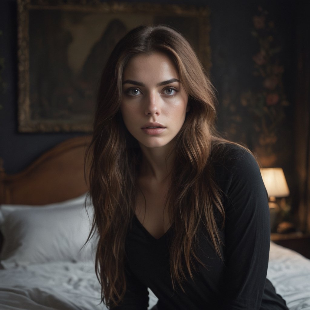 raw realistic,a beautiful woman long cinnamon brown hair, standing on doorway of her bed room , shocked,and sceard(, eyes open with terror,) wearing simple black clothes Dimly Lit palace room, detailed face,  dark theme, Night, soothing tones, muted colors, high contrast, (natural skin texture, hyperrealism, soft light, sharp), (freckles:0.3), (cinemtic scene),  Cannon EOS 5D Mark III, 85mmcinemtic look , grainy cinematic, fantasy vibes  godlyphoto r3al,detailmaster2,aesthetic portrait, cinematic colors, earthy , moody, floral background, ,dim dark colorscheme