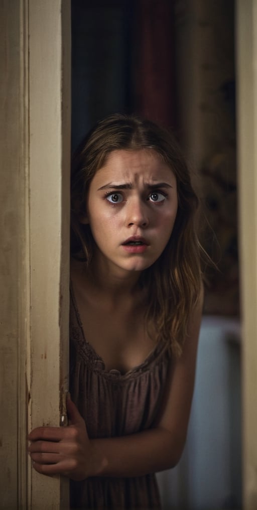 a beautiful girl standing on doorway of her bed room , shocked,and sceard, eyes open with terror, Dimly Lit palace room, detailed face,  dark theme, Night, soothing tones, muted colors, high contrast, (natural skin texture, hyperrealism, soft light, sharp), (freckles:0.3), (cinemtic scene),  Cannon EOS 5D Mark III, 85mm