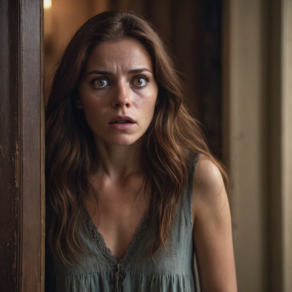 a beautiful woman with long cinnamon brown hair,standing on doorway of her bed room , shocked,and sceard, eyes open with terror, Dimly Lit palace room, detailed face,  dark theme, Night, soothing tones, muted colors, high contrast, (natural skin texture, hyperrealism, soft light, sharp), (freckles:0.3), (cinemtic scene),  Cannon EOS 5D Mark III, 85mm