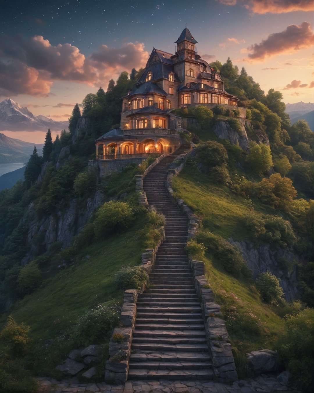 a house on a hill with stairs leading up to it, inspired by Evgeny Lushpin, infinite celestial library, luxury brand, with the sky full of stars, photorealistic. realistic, ticket, mountains and lakes, on artstastion, hotel, beautifully soft lit, lumigrainy cinematic, godlyphoto r3al, detailmaster2, aesthetic portrait, cinematic colors, earthy, moody