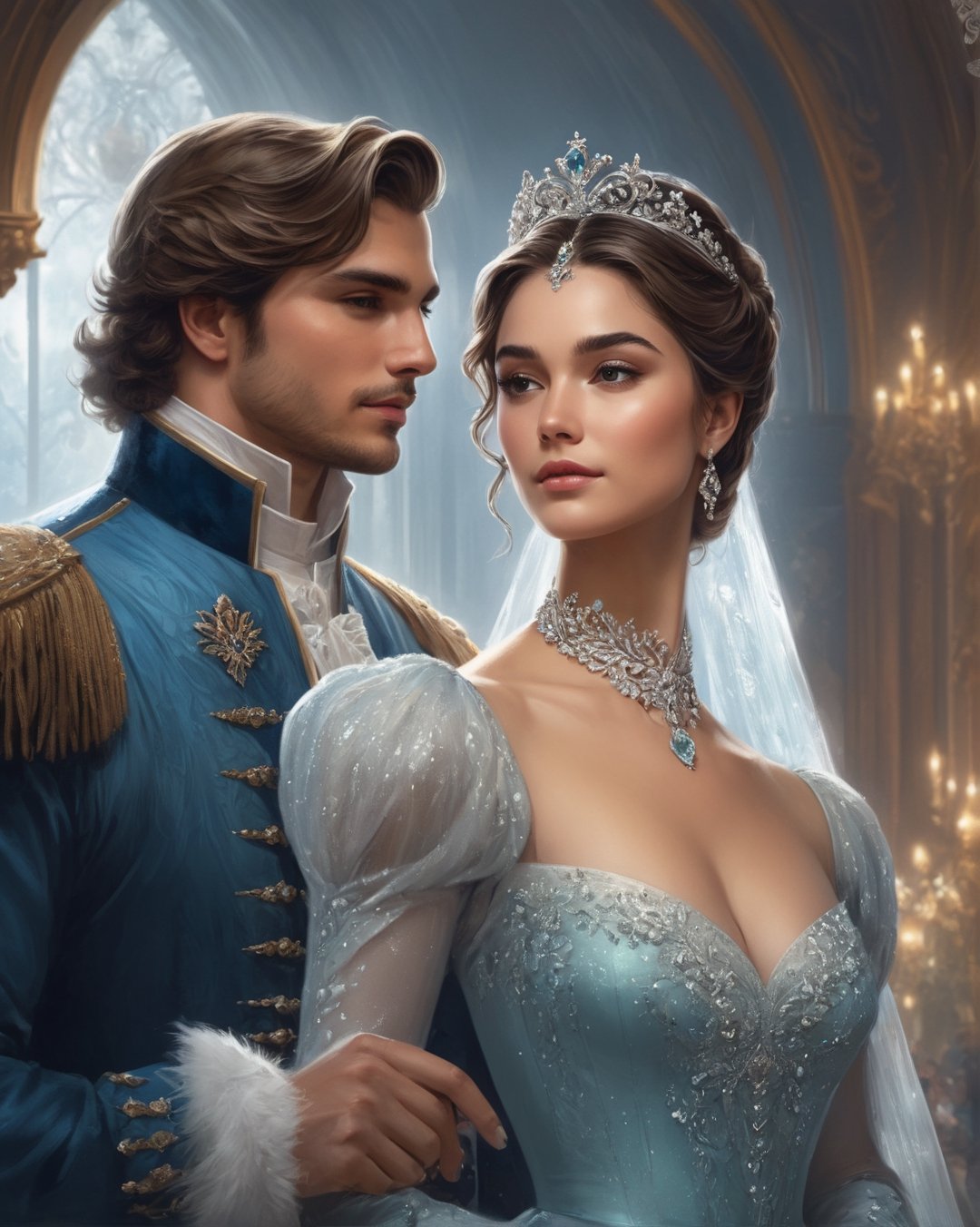 a man and a woman standing next to each other, concept art, by Charlie Bowater, sots art, cinderella, jade tiara and necklace, private moment, alejandro burdisio art, thumbnail, royal wedding, f/9, face detailing, promotional artwork, commission for, olivia culpo as milady de winter, on cg society, card art, showcase