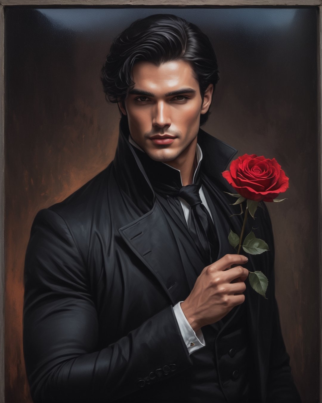 high waist oil painting potarait of handsome man in black magician coat and Black hair ,holding a red rose in hand,dark brown eyes, (((clean shaven))))),character portrait, , wearing white shirt,(((((( tinted glass design background)))))) tinted glass window background,,inspired by Charlie Bowater, & a dark, sk, build body, muscles grainy cinematic, godlyphoto r3al, detailmaster2, aesthetic portrait, cinematic colors, earthy, moody 