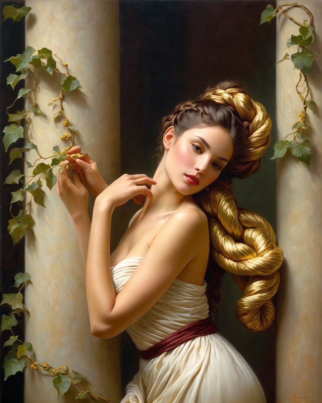 Eve and the tempting serpent. Ewa, a stunningly beautiful woman, grace and grace, beautiful hair braided into a bun falling on the neck, beautiful shapely body, covered with a long dress, ivy entwining the column, (delicate sfumato, soft color transitions: 2) "color gradient from gold to burgundy", Painting inspired by the Bouguereau style, (intricate chiaroscuro, layered oil techniques, detailed drapery, masterful brush painting, realistic textures, classic motifs, dramatic light sources), (ethereal auras, harmonious composition, captivating portraits, serene landscapes, anatomical precision, delicate hand gestures, timeless beauty, humanistic expression, emotive poses, intricate backgrounds, symbolic elements), photo r3al. ,greg rutkowski
