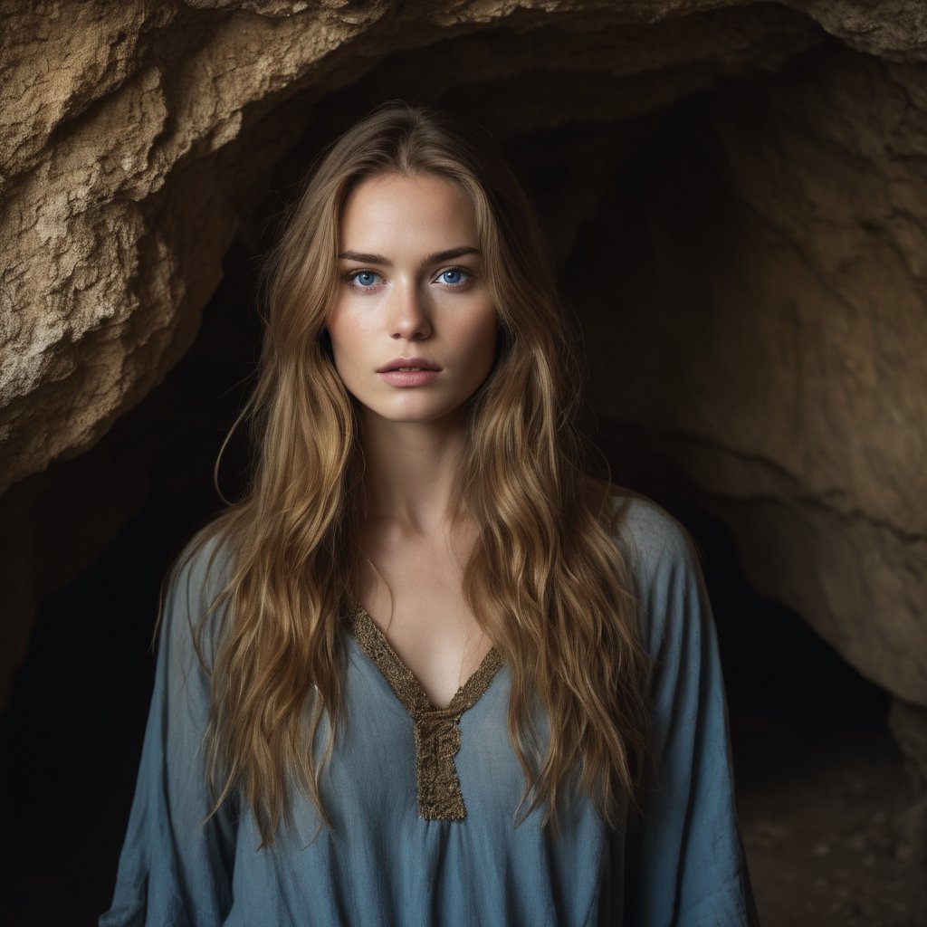 raw realistic cinematic scenea beautiful girl under the mountain in a cave, golden brown Long hair, wearing dirty tunic,blue eyes,three lever handle on Wal she's choosing one ,scread,panic on face , cinemtic lookcinemtic look , (((((((grainy cinematic,  godlyphoto r3al,detailmaster2,aesthetic portrait, cinematic colors, earthy , moody,  )))))))