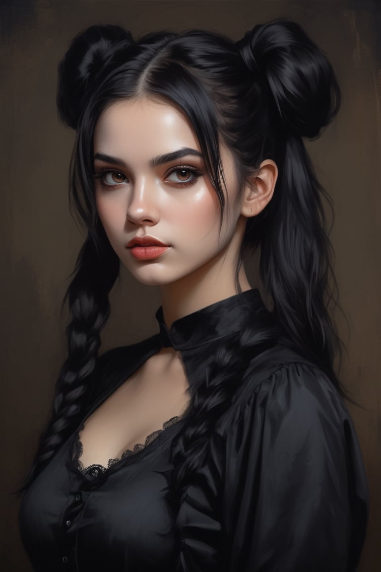 raw realistic potarait of  beautiful girl with  black hair in twin tails 
wearing a black dress, a character portrait, inspired by Halloween, beautiful round face,Artstation, gothic art grimes - book 1 album cover, home photography portrait, , looking at camera  black shirt, art set , Halloween hunted house background seductively, painting, by Alexander Kanoldt, Artstation, cinematic portrait, (beautiful) girl, big cheekbones, gothic style painting of sexy, doodle, diego dayer, with round face, realistic - n 9, artist unknown, ann stokes, cute adorable, sharpie, cinemtic lookcinemtic look , (((((((grainy cinematic,  godlyphoto r3al,detailmaster2,aesthetic portrait, cinematic colors, earthy , moody,  )))))))