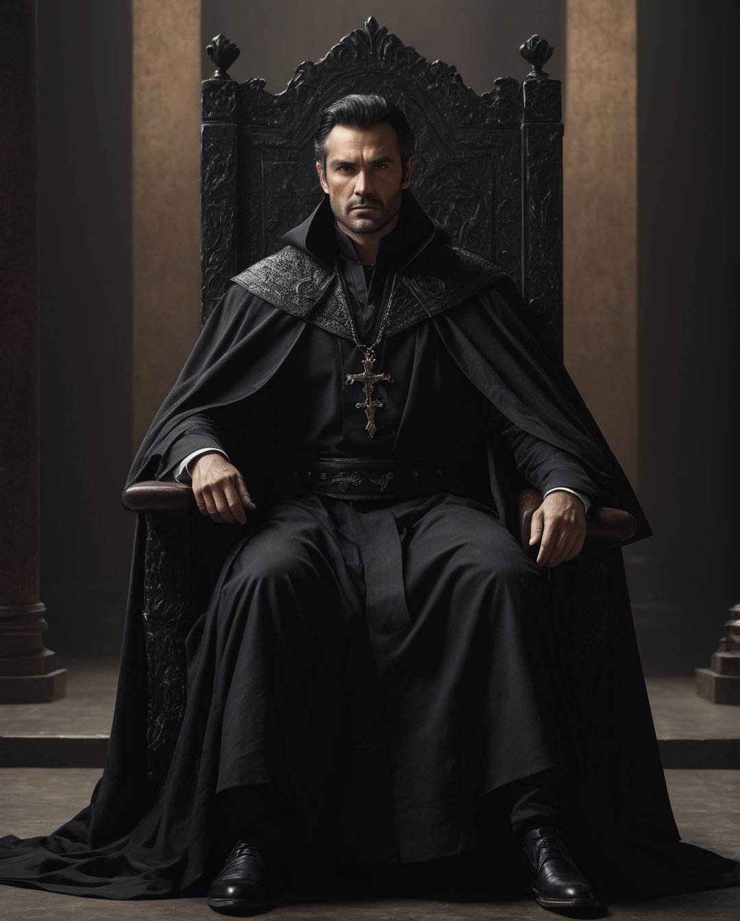 raw realistic full body  potarait of raw cinematic potrait of a old doctor 35 years old King, dark  hair, handsome, dark hair , black eyes, wearing black cloak, , evil look in eyes savage gaze, looking at camera, dark throne room, sitting on throne in dominant style,cinemtic aesthetic,by Alexander Kanoldt, Artstation, cinematic portrait, big cheekbones, diego dayer, with round face, realistic - n 9, artist unknown, ann stokes,sharpie, cinemtic lookcinemtic look , (((((((grainy cinematic,  godlyphoto r3al,detailmaster2,aesthetic portrait, cinematic colors, earthy , moody,  )))))))