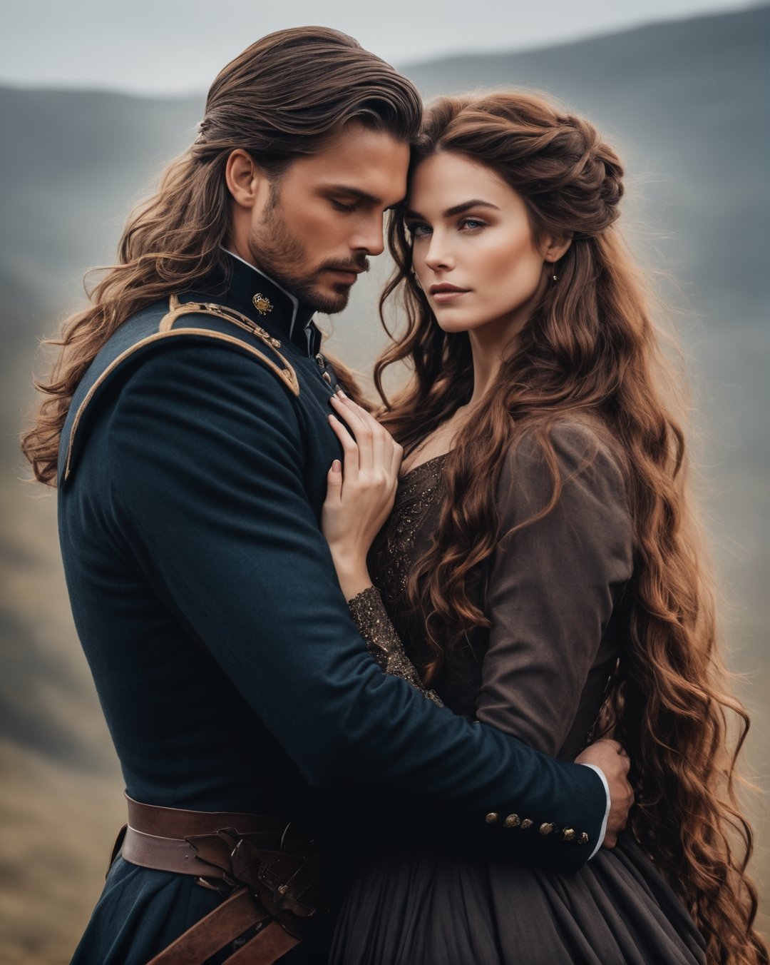 a man and a woman embracing each other, inspired by A. R. Middleton Todd, shutterstock, romanticism, beautiful rogue lady, brown flowing hair, 2019 trending photo, repin, it has a piercing gaze, commander, with black. magic powers, thumbnail, promotional image