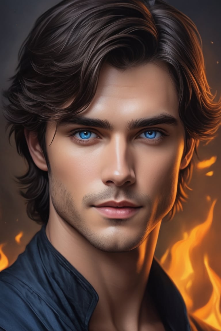 ((masterpiece a extremely perfect oil painting of handsome man a character portrait, inspired by Charlie Bowater, digital art, has two adorable blue eyes, disney weta portrait, damon salvatore, closeup portrait of an mage, the fire king, cassandra cain in satin, 3 d cg, mid-shot of a hunky, beautifully daylight, 2
 The artist has created a realistic and detailed portrayal showcasing their expertise in 4K digital art. The painting captures the essence of features, bringing them to life with stunning realism. The use of oil adds to the beauty and richness of the portrait, making it a magnificent and visually captivating piece. This realistic and detailed oil painting is truly a work of art.  , grainy cinematic, godlyphoto r3al, detailmaster2, aesthetic portrait, cinematic colors, earthy, moody