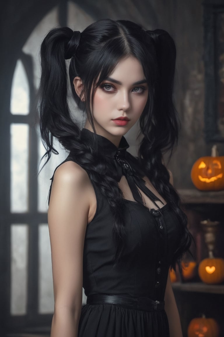 raw realistic potarait of  beautiful girl with long black hair in twin tails wearing a black dress, a character portrait, inspired by Halloween,( beautiful round face,) Artstation, gothic art grimes - book 1 album cover, home photography portrait, , looking at camera twintails hairstyle, 000 — википедия, war-art style, black shirt, art set , Halloween hunted house background seductively,cinemtic look , grainy cinematic, fantasy vibes  godlyphoto r3al,detailmaster2,aesthetic portrait, cinematic colors, earthy , moody,  