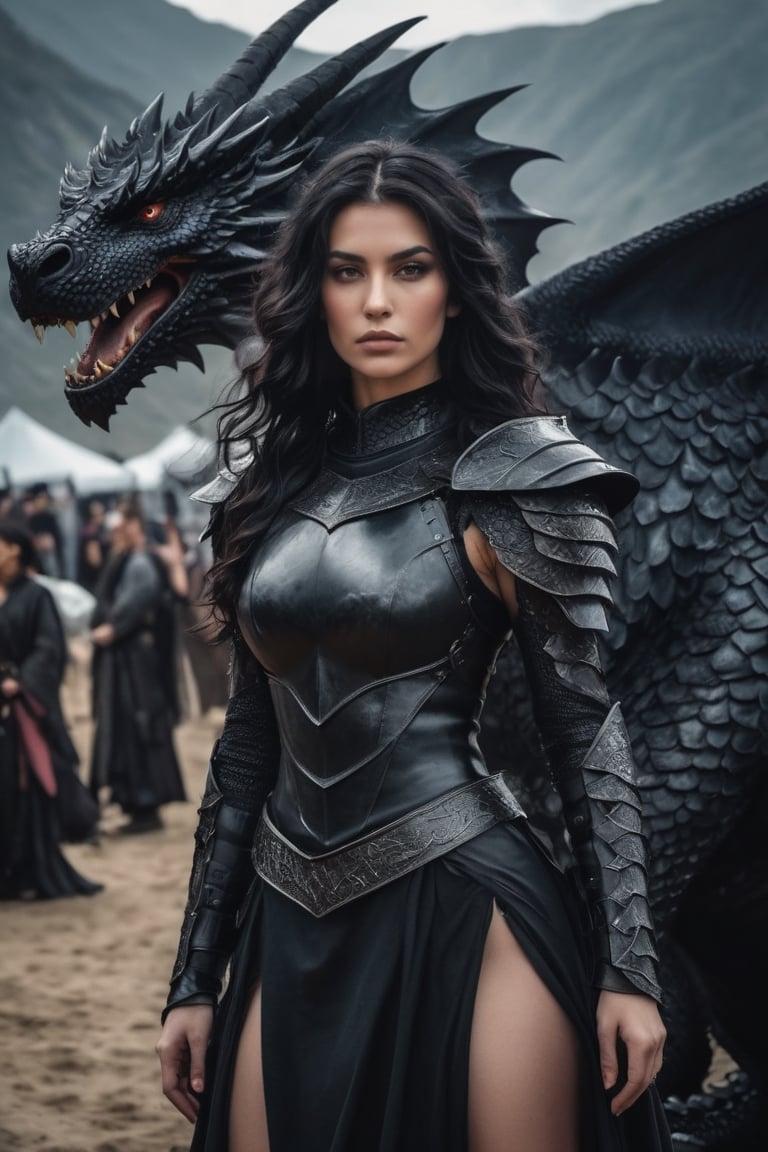 raw realistic woman wearing a black armor-dress, she has black wavy hair with behind her a powerful big black dragon her fantasy art, , grainy cinematic, fantasy vibes  godlyphoto r3al,detailmaster2,aesthetic portrait, cinematic colors, earthy , moody,  ,carval background, carnival tents,in background 