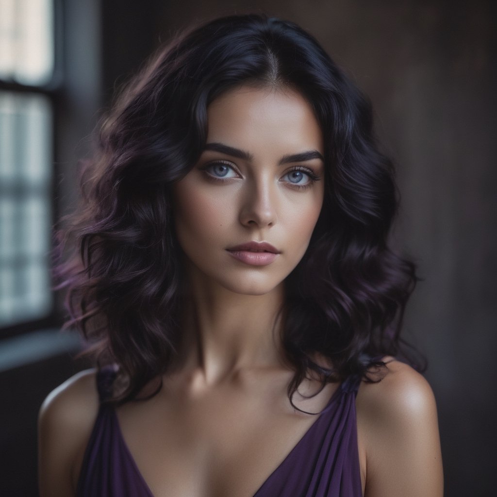 a beautiful woman in dark purple chiffon dress, black wavy hair, purple -blue eyes,tan skin, extremely beautiful, dim light dark background grainy cinematic,  godlyphoto r3al,detailmaster2,aesthetic portrait, cinematic colors, earthy , moody,  