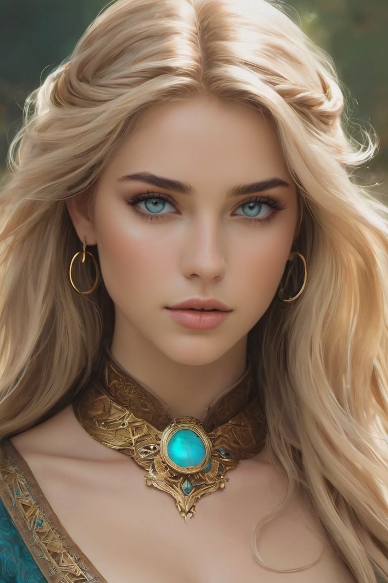 raw realistic potarait of beautiful  woman eyes—bright turquoise eyes with golden rings around the pupils, Aelin is described as being particularly beautiful, with long golden hair that shines in the sunlightHer body also becomes taller and leaner in this form. Standing at 5’7”, Aelin’s body is lithe and toned, and nevertheless, she is blessed with impressive curves and well-formed breasts  colors, earthy , moody,  