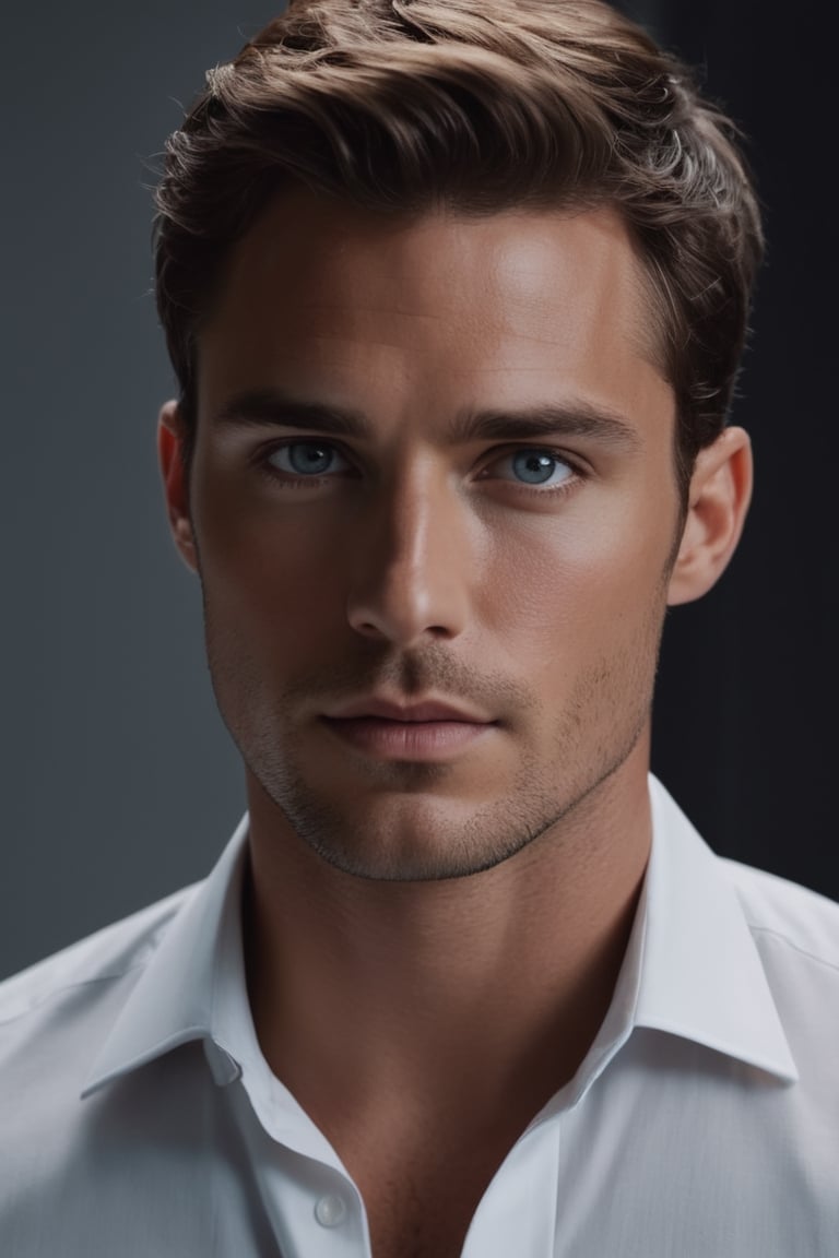  high weist cinematic shot painting of a handsome business man unruly dark copper-colored hair,((clean shaven ))(((((grey beyes ))))in "attractive, very attractive" tall, athletically built man "with unruly dark copper-colored hair and ,in white shirt front button open,intense, bright gray eyes,(((Christian grey from fifty shades of grey)))extremely handsome,smooth skin, young clarity of her stands tall and proud, serious look on face, , savage look,accentuated by the form-fitting Renaissance shirt.eyes digital painting, ((((office background)))) background, by Alexander Kanoldt, Artstation, cinematic  portrait handsome hunk painting of sexy, doodle, diego dayer,  realistic - n 9, artist unknown, ann stokes, , sharpie, cinemtic look, grainy cinematic, fantasy vibes godlyphoto r3al, detailmaster2, aesthetic portrait, cinematic colors, earthy, moodygrainy cinematic, godlyphoto r3al, detailmaster2, aesthetic portrait, cinematic colors, earthy, moody 