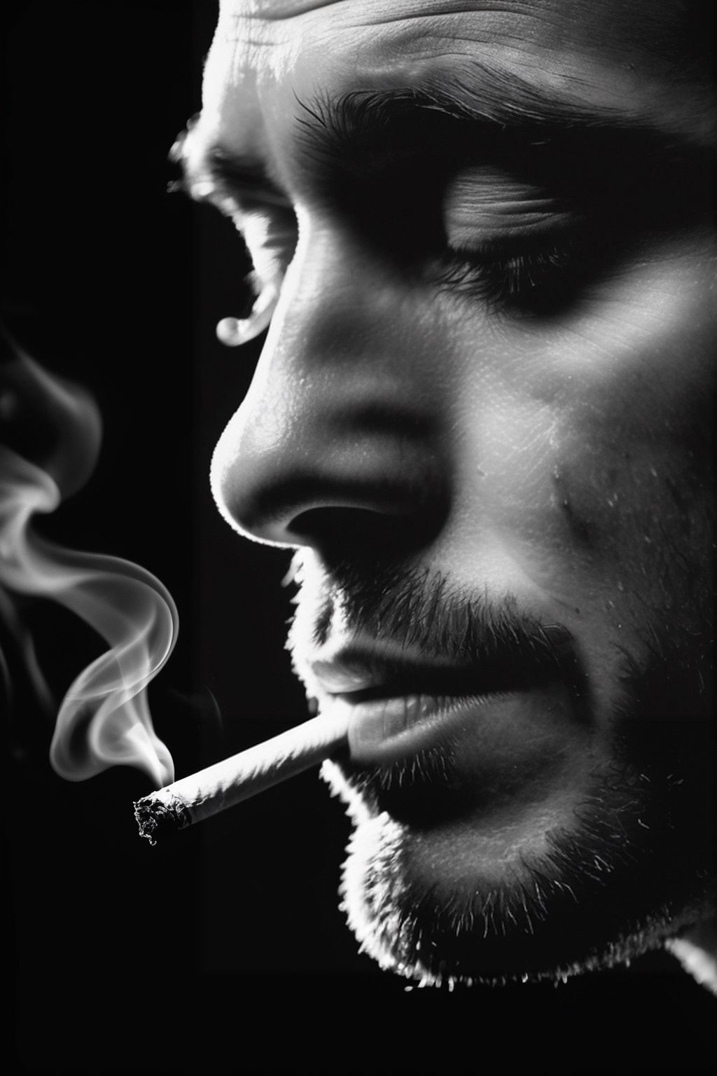 (chalkdust:1.2) Realistic photograph close up of man face side profile obscured by a cigarette smok coming out of lips, dark background, (smoke tendrils:1.3) curling and twisting in slow, (dancing:1.2) motions, (stark contrast:1.1) (monochrome:1.2) (high contrast:1.1) (fine detail:1.3) (high resolution:1.2)