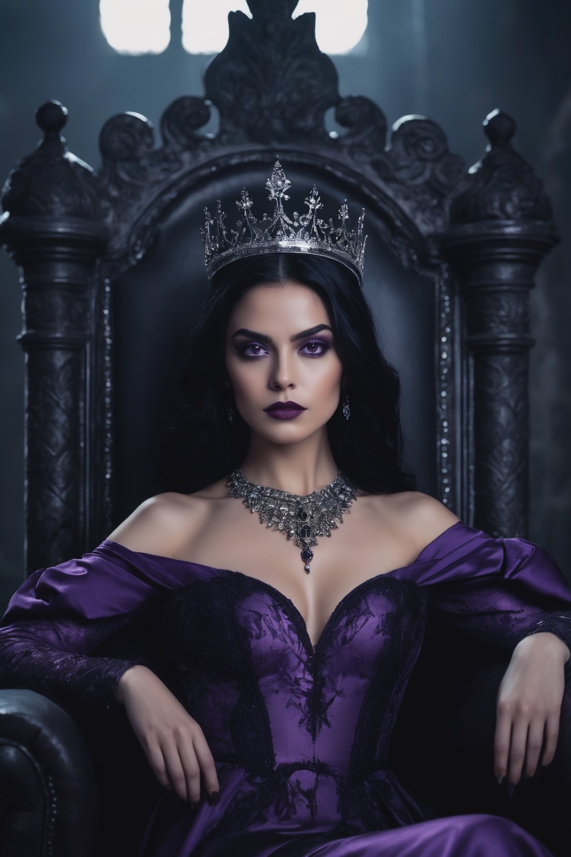 raw realistic cinematic potrait  beautiful woman with black hair, black eyes, wearing purple gown , evil queen, sitting on big black throne in style, dark world queen, beautiful face,grainy cinematic, godlyphoto r3al, detailmaster2, aesthetic portrait, cinematic colors, earthy, moody