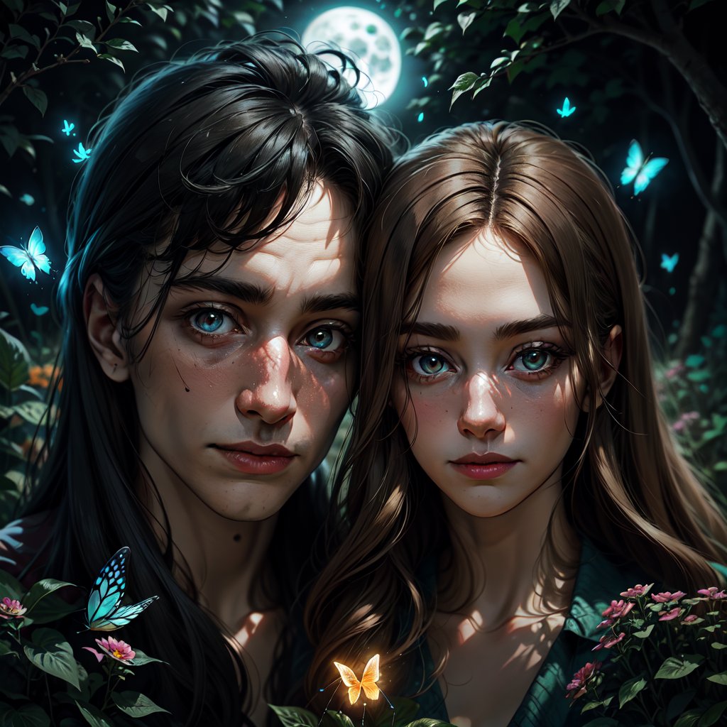 couple standing on flower garden in jungle, glowing particle, glowing butterfly, Detailedface, holdinghand, happymood,Detailedface,Detailedeyes, under moonlight,