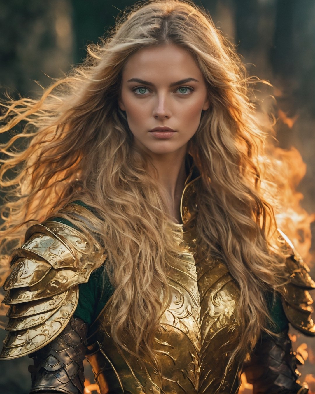 a beautiful blonde warrior woman (( beautiful))) in golden armor, warrior,((((long wavy  beautiful hair)))), (((golden green Color eyes))))), beautiful face(((((fire power lit in her one hand))))), strong build body grainy cinematic,  godlyphoto r3al,detailmaster2,aesthetic portrait, cinematic colors, earthy , moody,  , dark background, cinematic beautiful scene, beautiful girl 