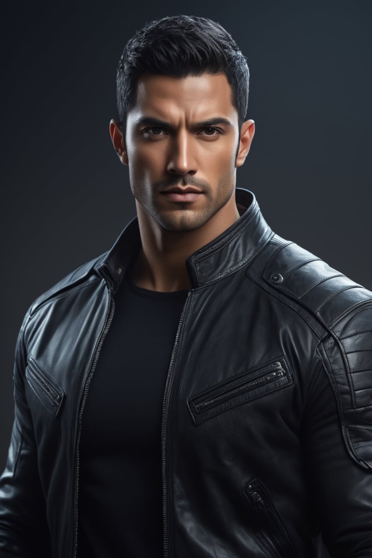 raw realistic  potarait of a person wearing a leather jacket, a character portrait, inspired by Max Magnus Norman, digital art, attractive male with armor, a handsome man,black short hair, middle eastern skin, the librarian, promotional image, (aesthetics), avatar image, hasan piker, july, f/9, advertising photo, gantz, pictured from the shoulders up muscular,cinemtic aesthetic,by Alexander Kanoldt, Artstation, cinematic portrait,big cheekbones, diego dayer, with round face, realistic - n 9, artist unknown, ann stokes,sharpie, cinemtic lookcinemtic look , (((((((grainy cinematic,  godlyphoto r3al,detailmaster2,aesthetic portrait, cinematic colors, earthy , moody,  )))))))