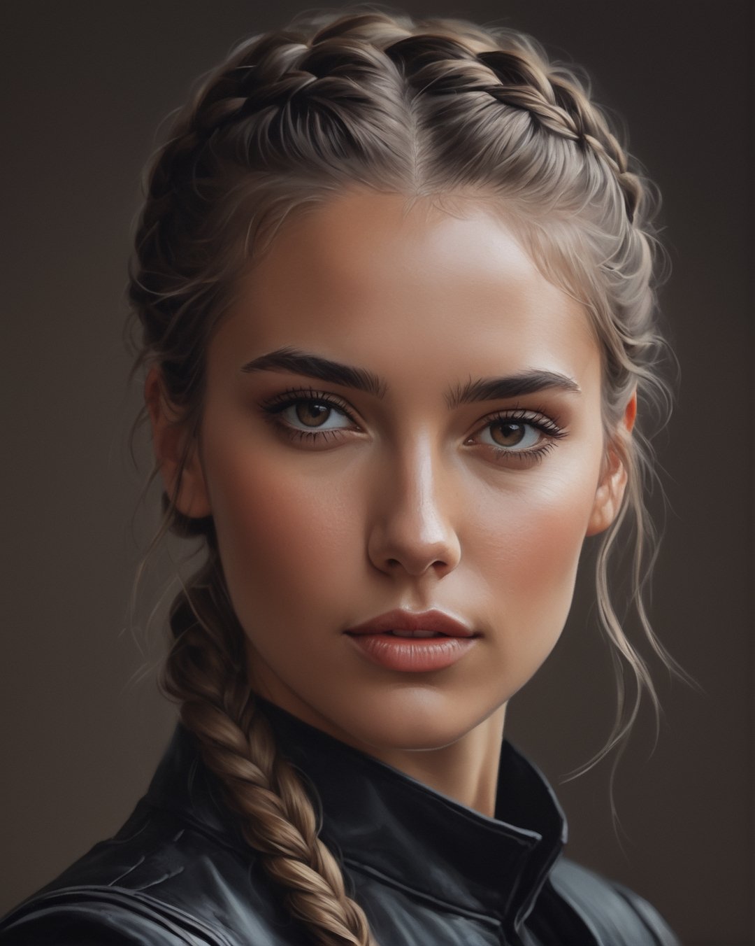  a painting of a woman with a braid in her hair, a digital painting, by Alexander Kanoldt, Artstation, cinematic  portrait, (beautiful) girl, big cheekbones, fully clothed in black leather. painting of sexy, doodle, diego dayer, with round face, realistic - n 9, artist unknown, ann stokes, cute adorable, sharpie, cinemtic look, grainy cinematic, fantasy vibes godlyphoto r3al, detailmaster2, aesthetic portrait, cinematic colors, earthy, moodygrainy cinematic, godlyphoto r3al, detailmaster2, aesthetic portrait, cinematic colors, earthy, moody 