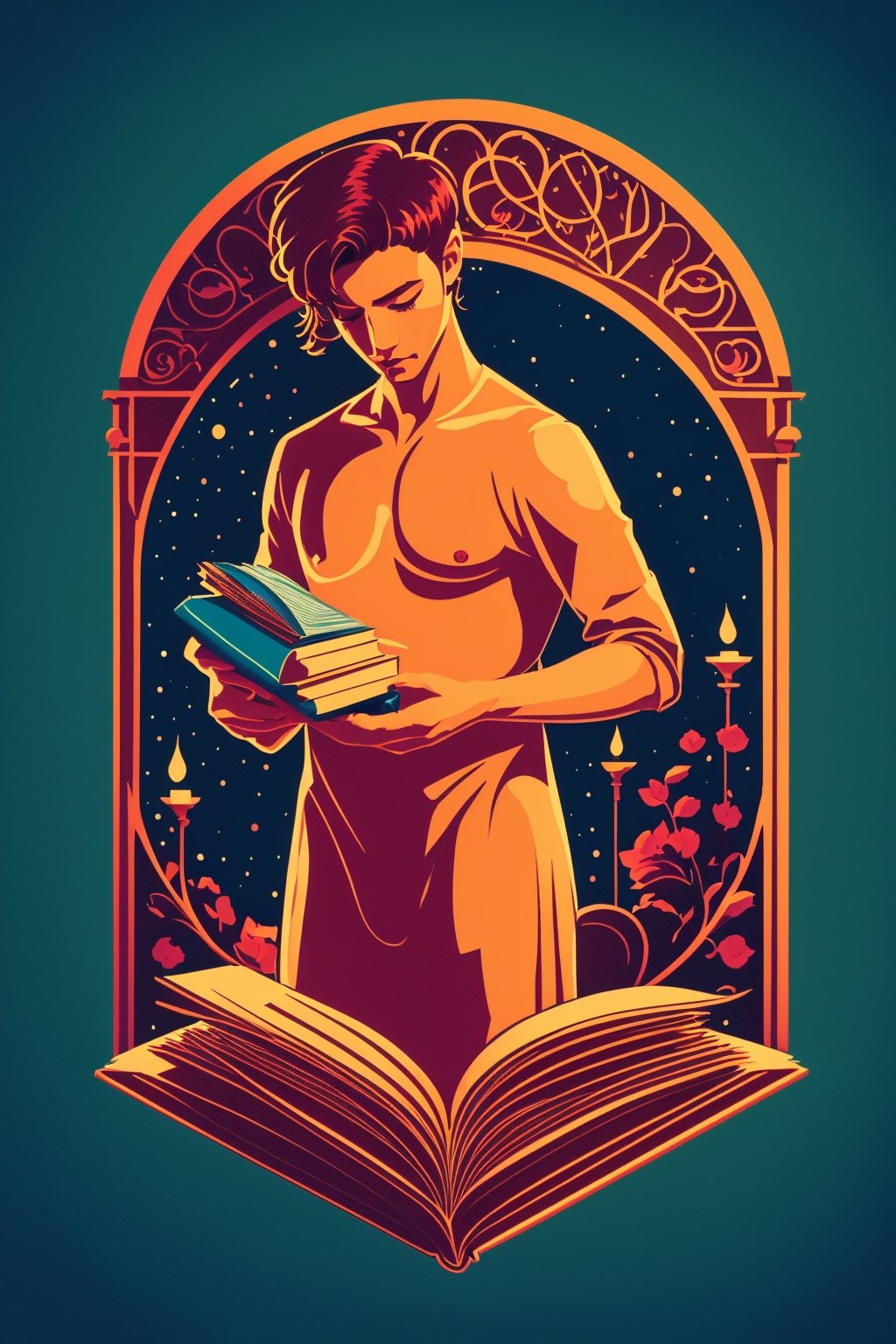vector illustration, oh a faceless man naked covering himself with a book beautiful detailed  whimsical background, best quality, 4k, vivid colors, bokeh, studio lighting, art nouveau style, warm color tones, soft and gentle lighting