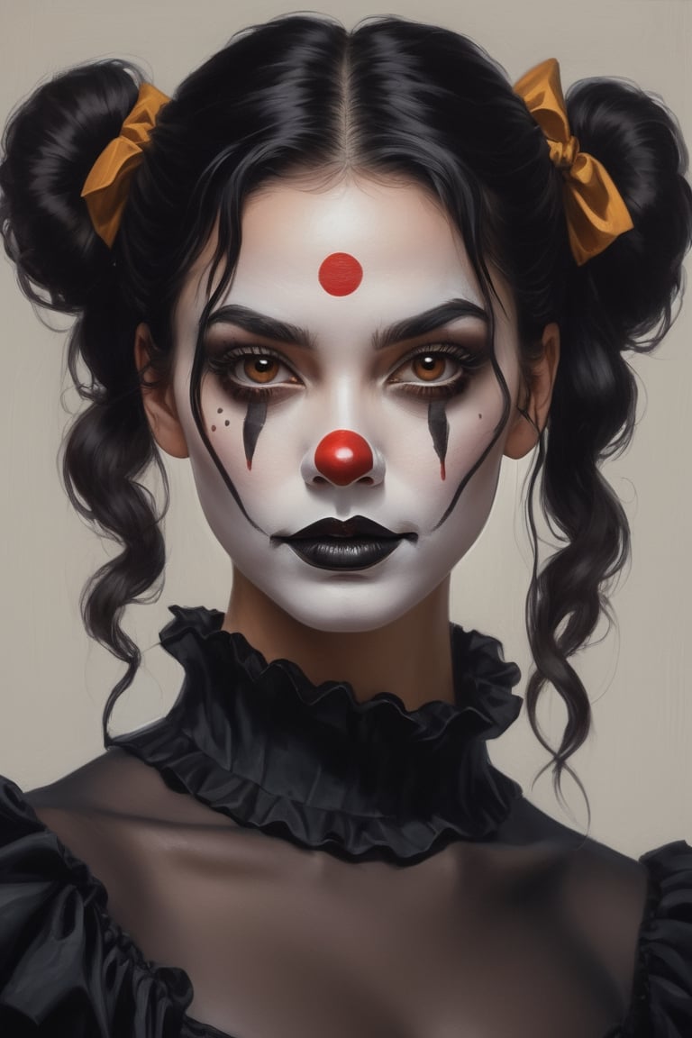 oil painting of A beautiful with black chin length  short hair, (((((brown eyes )))))long pigtails ((((( black hair)))) inocent doe eyes,pale beautiful smooth skin dressed up for Halloween, creepy clown makeup,on face, Halloween background elegant digital painting, by Alexander Kanoldt, Artstation, cinematic  portrait, (beautiful) girl, big cheekbones,  gothic style painting of sexy, doodle, diego dayer, with round face, realistic - n 9, artist unknown, ann stokes, cute adorable, sharpie, cinemtic look, grainy cinematic, fantasy vibes godlyphoto r3al, detailmaster2, aesthetic portrait, cinematic colors, earthy, moodygrainy cinematic, godlyphoto r3al, detailmaster2, aesthetic portrait, cinematic colors, earthy, moody 