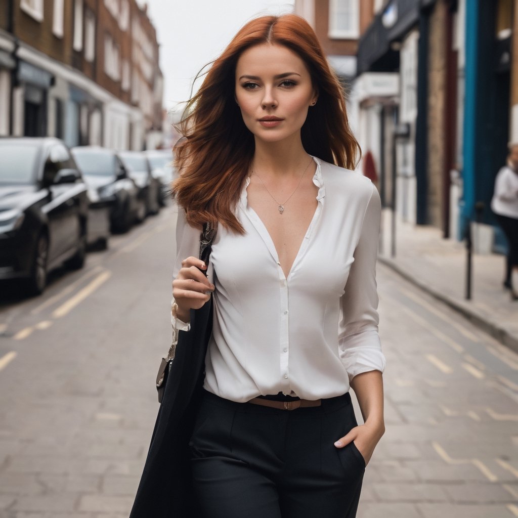 classy woman walking on the street, auburn hair, london street, dazr3pl1ca