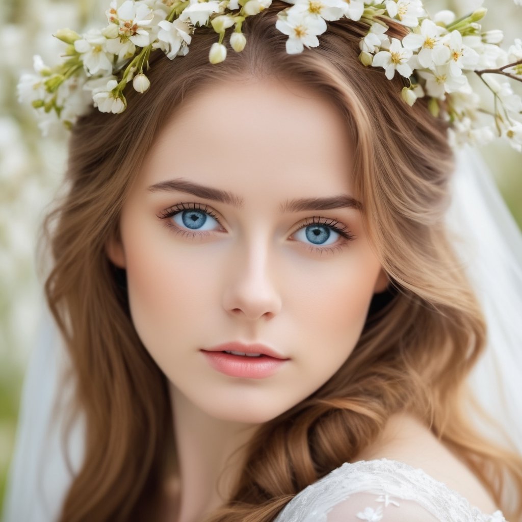 a beautiful girl in simple white madivel bride, golden brown hair blue eyes, spring floral background ,sad, depressed,