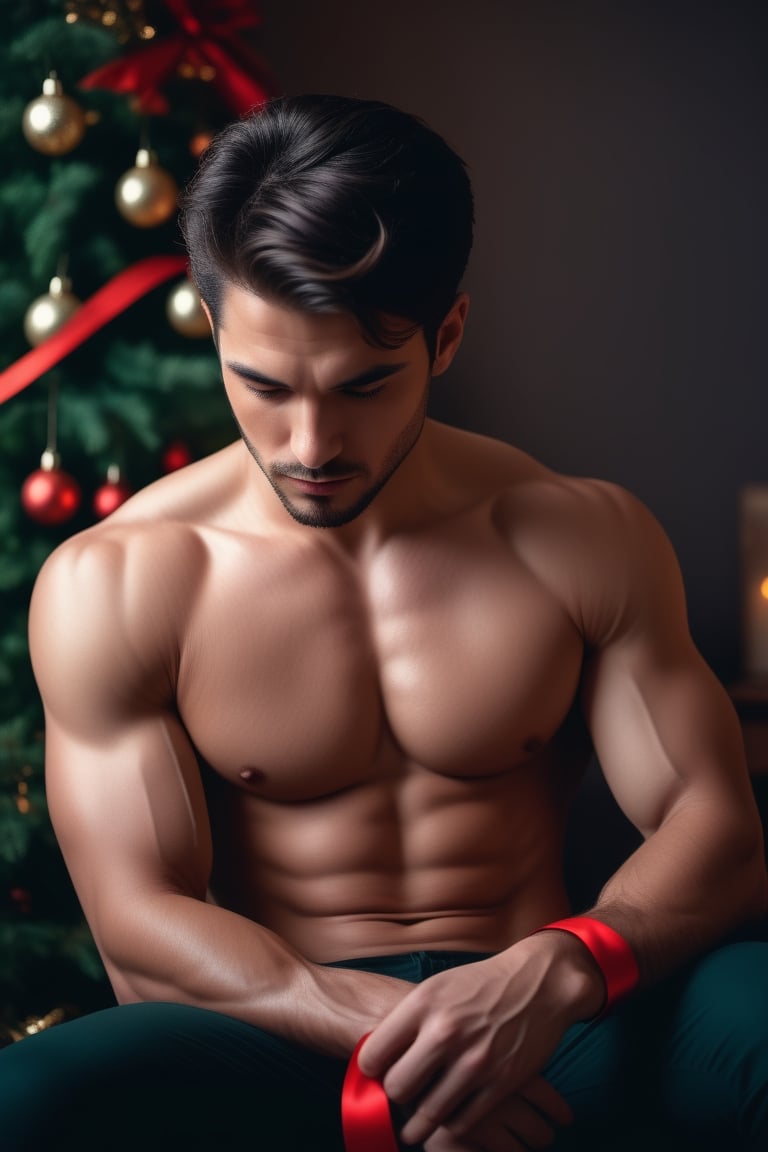 rae realistic cinematic potrait  of handsome man with dark hair, naked sitting under Christmas tree,red ribbon wrapped around him , , perfect body, perfect anatomy handsome muscular r3al, detailmaster2, aesthetic portrait, cinematic colors, earthy, moodygrainy cinematic, godlyphoto r3al, detailmaster2, aesthetic portrait, cinematic colors, earthy, moody grainy cinematic, godlyphoto r3al, detailmaster2, aesthetic portrait, cinematic colors, earthy,moody,<lora:659095807385103906:1.0>