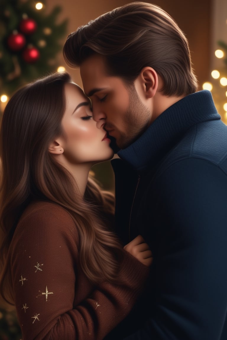 rae realistic cinematic potrait of a beautiful young woman with long cinnamon brown hair, blue eyes in brown sweater kissing a handsome strong man with dark hair , tanned skin,wearing black jacket, kissing her holding her romantically, Christmas decorations background,
 cinematic , comfy room Christmas tree background portrait, (beautiful) , realistic - n 9, artist unknown, ann stokes, cinemtic look, grainy cinematic,  godlyphoto r3al, detailmaster2, aesthetic portrait, cinematic colors, earthy, moodygrainy cinematic, godlyphoto r3al, detailmaster2, aesthetic portrait, cinematic colors, earthy, moody grainy cinematic, godlyphoto r3al, detailmaster2, aesthetic portrait, cinematic colors, earthy, ,<lora:659095807385103906:1.0>