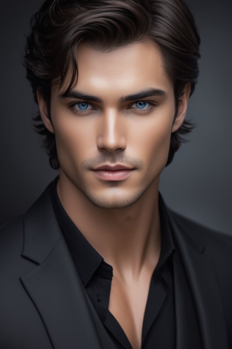 ((masterpiece a extremely perfect oil painting of handsome man a character portrait, inspired by Charlie Bowater, digital blue grey eyes, disney weta portrait, damon salvatore, closeup portrait of an mage, looking at camera,hot handsome hunk, cassandra cain in satin, 3 d cg, mid-shot of a hunky, beautifully daylight, 2, black background 
 The artist has created a realistic and detailed portrayal showcasing their expertise in 4K digital art. The painting captures the essence of features, bringing them to life with stunning realism. The use of oil adds to the beauty and richness of the portrait, making it a magnificent and visually captivating piece. This realistic and detailed oil painting is truly a work of art.  , grainy cinematic, godlyphoto r3al, detailmaster2, aesthetic portrait, cinematic colors, earthy, moody