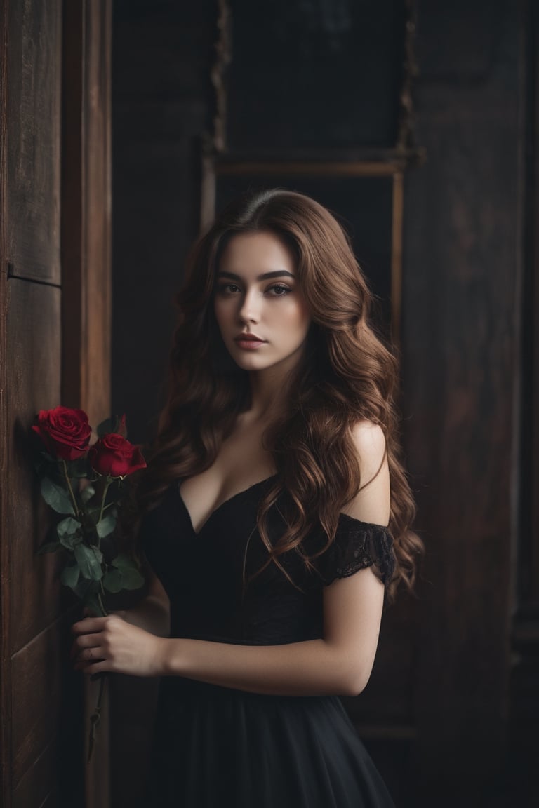 raw realistic potarait of a beautiful curvey girl, cinnamon brown long wavy hair, brown eyes, wearing black dress holding a  rose in hand, dark gothic room background grainy cinematic,  godlyphoto r3al,detailmaster2,aesthetic portrait, cinematic colors, earthy , moody,  look , grainy cinematic, fantasy vibes  godlyphoto r3al,detailmaster2,aesthetic portrait, cinematic colors, earthy , moody,  