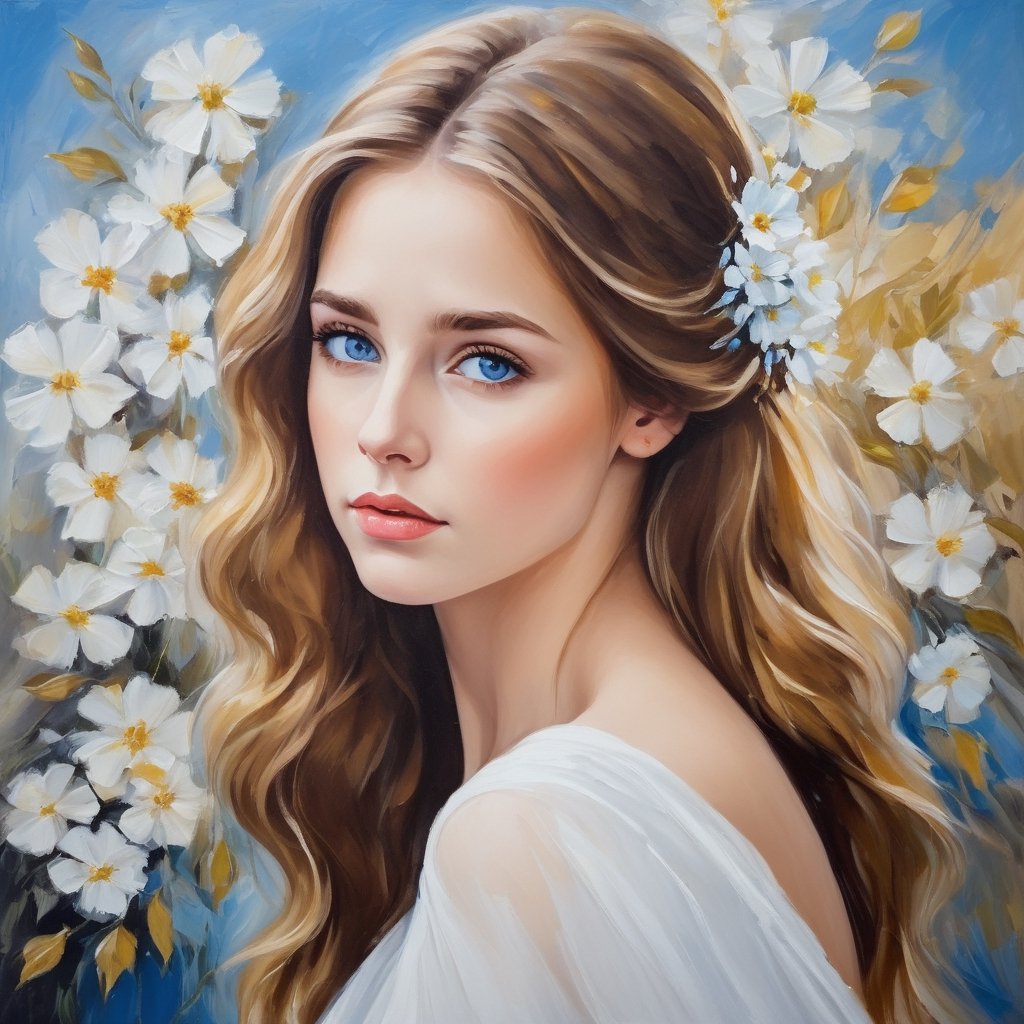 oil painting of a beautiful girl in simple white madivel bride, golden brown hair blue eyes, spring floral background ,sad, depressed,