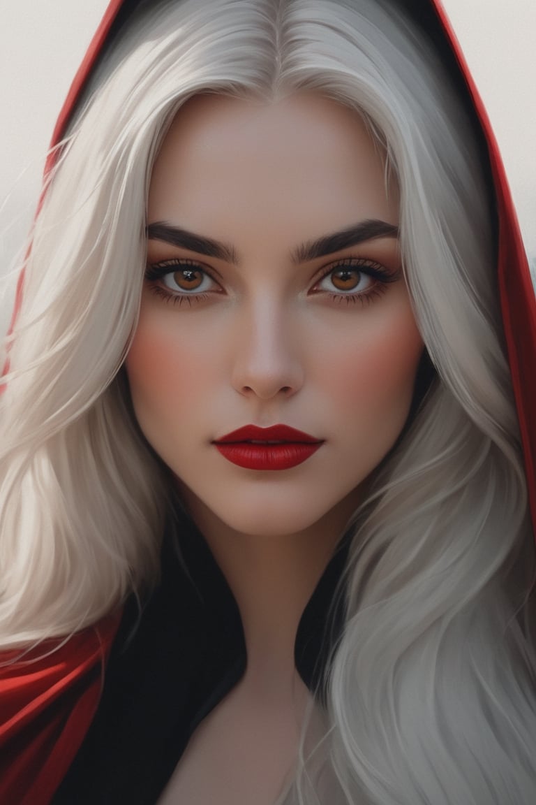  high weist painting of a beautiful woman, white long hair black dress with red cloak, golden eyes,red lipstick,long sharp black nails, hand close to her face, vampire like ,, fantasy character,digital painting, by Alexander Kanoldt, Artstation, cinematic  portrait, (beautiful) girl, big cheekbones,  painting of sexy, doodle, diego dayer, with round face, realistic - n 9, artist unknown, ann stokes, cute adorable, sharpie, cinemtic look, grainy cinematic, fantasy vibes godlyphoto r3al, detailmaster2, aesthetic portrait, cinematic colors, earthy, moodygrainy cinematic, godlyphoto r3al, detailmaster2, aesthetic portrait, cinematic colors, earthy, moody 