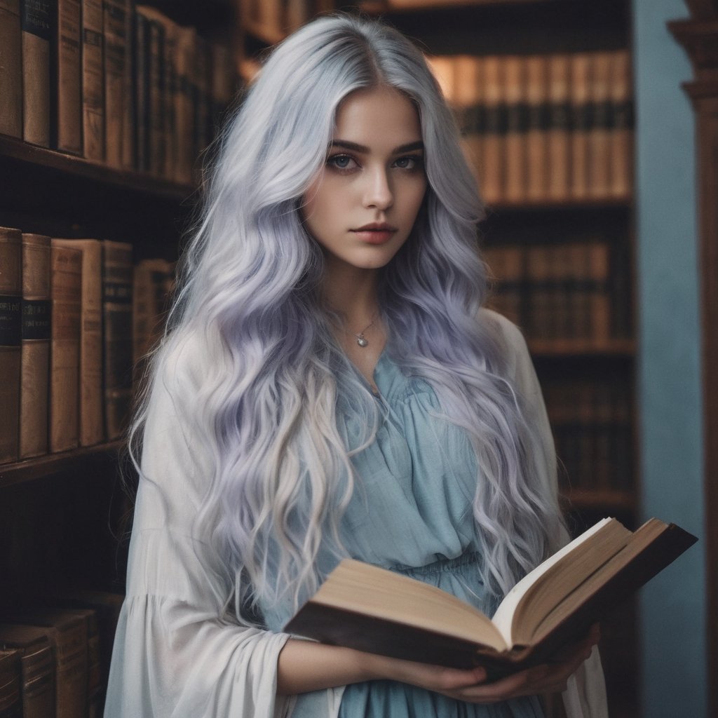 raw realistic potarait of a beautiful girl,  white long wavy hair, body,lilac eyes, wearing pale blue flowy roobhood, beautiful face,tan brown skin holding a  book  in hand, dark gothic library background grainy cinematic,  godlyphoto r3al,detailmaster2,aesthetic portrait, cinematic colors, earthy , moody,  look , grainy cinematic, fantasy vibes  godlyphoto r3al,detailmaster2,aesthetic portrait, cinematic colors, earthy , moody,  