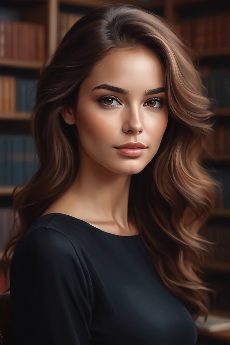 a perfect painting of a young woman cinnamon brown hair, long wavy hair sharp jawline, brown eyes in a black dress ,smooth skin, young clarity of her eyes digital painting, author at her book signing, library,background, by Alexander Kanoldt, Artstation, cinematic  portrait, (beautiful) girl, big cheekbones,  painting of sexy, doodle, diego dayer, with round face, realistic - n 9, artist unknown, ann stokes, cute adorable, sharpie, cinemtic look, grainy cinematic,  godlyphoto r3al, detailmaster2, aesthetic portrait, cinematic colors, earthy, moodygrainy cinematic, godlyphoto r3al, detailmaster2, aesthetic portrait, cinematic colors, earthy, moody 