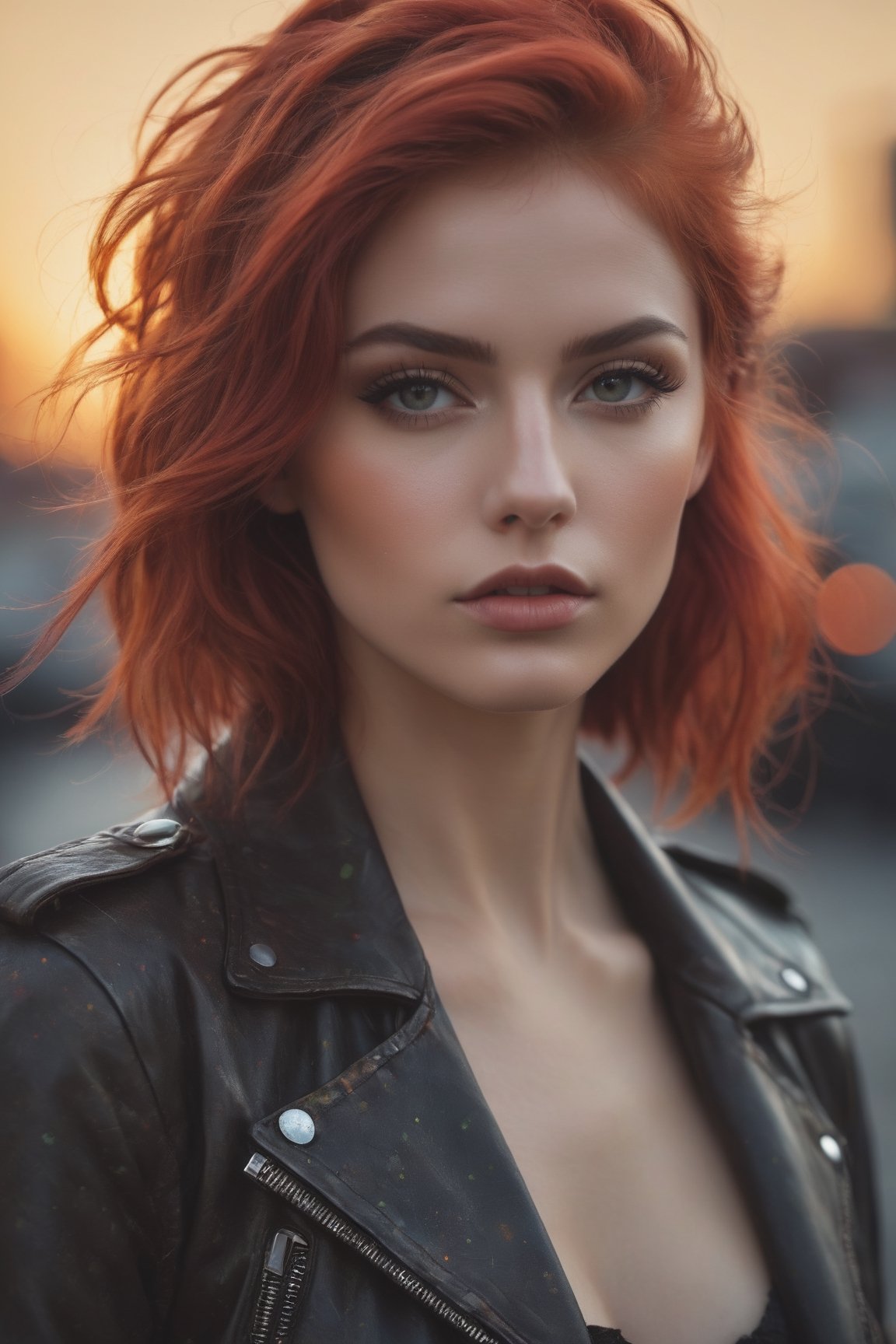 raw realistic/ima/imagine elf mspy girl with red speckle hair and leather jacket, in the style of jessica drossin, sun-kissed palettes, michael malm, luminous skies, city portraits, david nordahl, hyperrealistic animal portraits - hyperbole, leather/hide, exaggerated facil features  
grainy cinematic,  godlyphoto r3al,detailmaster2,aesthetic portrait, cinematic colors, earthy , moody,  look , grainy cinematic, fantasy vibes  godlyphoto r3al,detailmaster2,aesthetic portrait, cinematic colors, earthy , moody,  