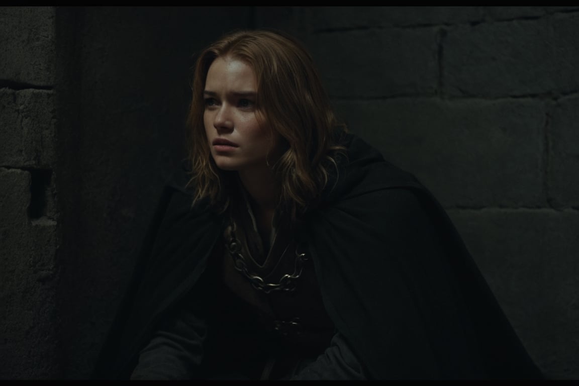 raw realistic cinematic scene,a young woman with golden brown hair in dirty tunic trapped in a dark dungeon cell,sad, depressed, sitting in corner, crying, ,a handsome hair haied male in black fantasy jacket and cloak, kneeling in front of her, looking her extremely handsome high Lord,cinemtic lookcinemtic look , (((((((grainy cinematic,  godlyphoto r3al,detailmaster2,aesthetic portrait, cinematic colors, earthy , moody,  )))))))