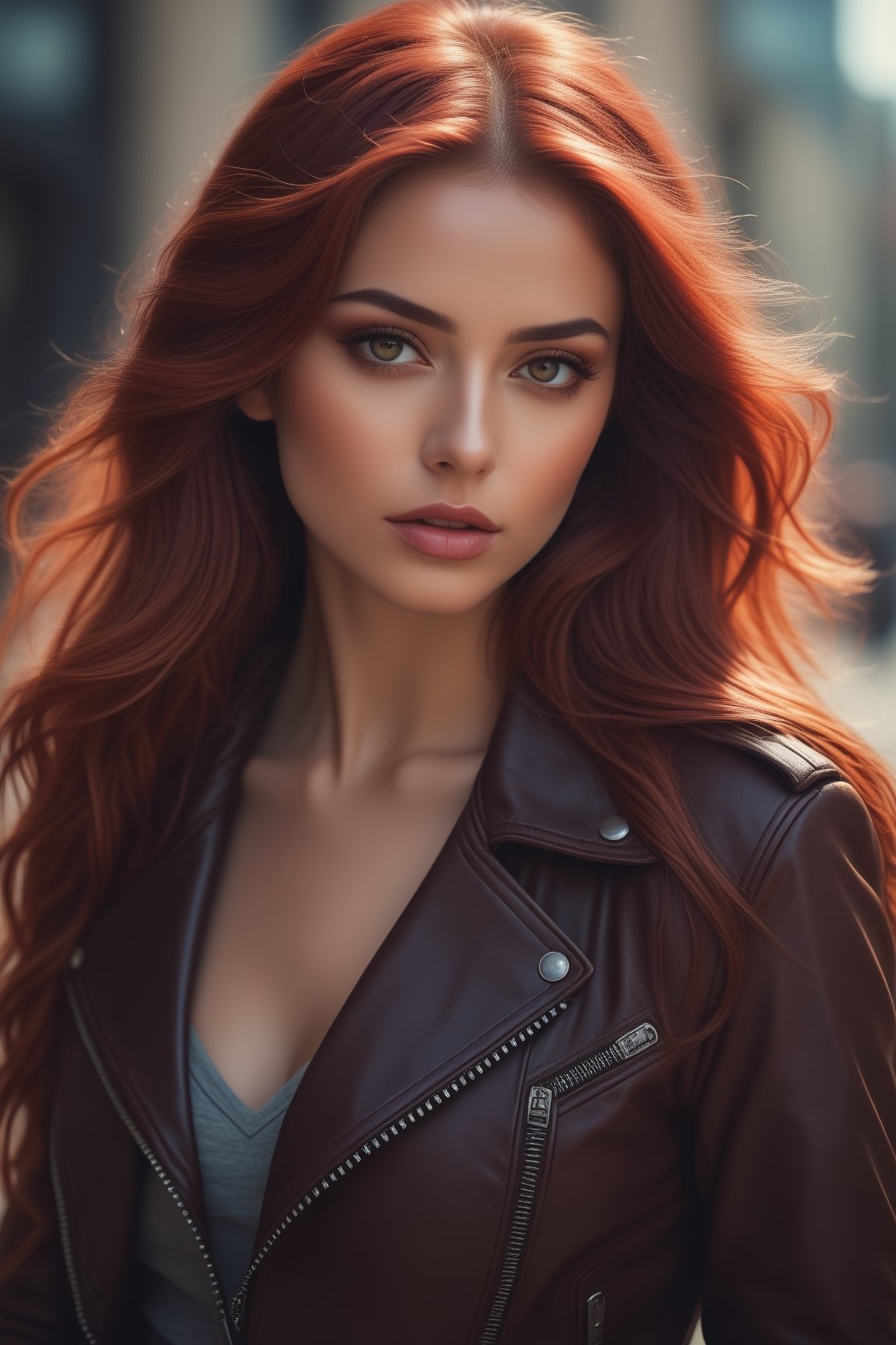 raw realistic/ima/imagine elf mspy girl with red long hair and leather jacket, in the style of jessica drossin, sun-kissed palettes, (((long wavy hair)))((((busty))))(((((brown skin))))))michael malm, luminous skies, city portraits, david nordahl, hyperrealistic animal portraits - hyperbole, leather/hide, exaggerated facil features  
grainy cinematic,  godlyphoto r3al,detailmaster2,aesthetic portrait, cinematic colors, earthy , moody,  look , grainy cinematic, fantasy vibes  godlyphoto r3al,detailmaster2,aesthetic portrait, cinematic colors, earthy , moody,  ,<lora:659095807385103906:1.0>