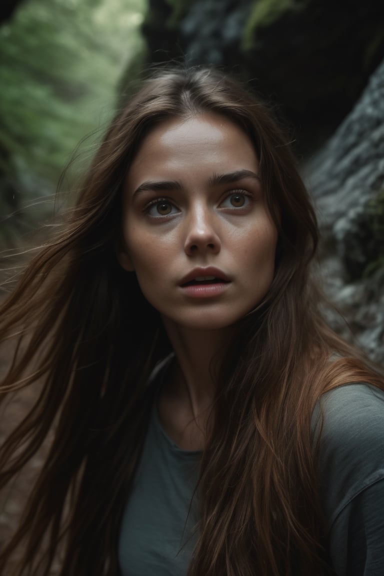 raw realistic cinematic scene beautiful girl under the mountain in a cave, dark orange long hair, ,hazel brown eyes,t,scread,panic on face, running fast in woods , cinemtic lookcinemtic look , (((((((grainy cinematic,  godlyphoto r3al,detailmaster2,aesthetic portrait, cinematic colors, earthy , moody,  )))))))