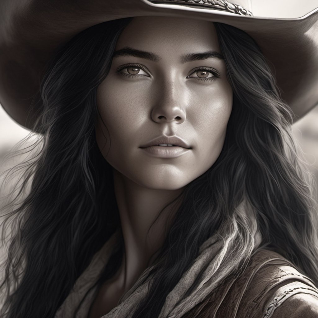 ((best quality, high res), ultra-detailed, realistic, portrait, monochrome, soft light, sharp focus, masterpiece:1.2, cowboy shot), High quality, 1 woman, solo woman, intricate detail The masterpiece is a beautiful American native girl with long black hair and golden brown eyes. The RAW techniques. The result is ultra-realistic, Leonardo Style, Leonardo mix-3,