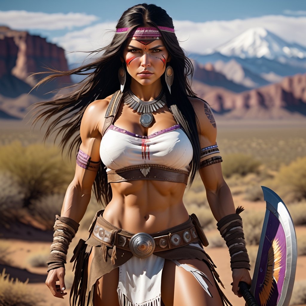 Full Body muscular and extremely beautiful  Apache woman, fierce wild determined unstoppable battle-worn with scars and dirt, fighting stance with legs spread arms wide with battle axe in hand, wearing white fur vests, with very big(huge) boobs, Bright High-Contrast, expressive, Solo woman, Amerecan Native, intricate detailed, angry face female, The masterpiece is a beautiful Apache girl with long black hair and golden brown eyes. She is intricately designed, elegant, and highly detailed, appearing extremely lifelike and photorealistic in her full body form. The RAW image was captured using an analog Nikon Z 85mm lens, with a Dutch angle for added visual interest. The award-winning photography showcases the best quality and realism, achieved through meticulous post-processing techniques. The result is an ultra-realistic, 8k UHD image with cinematic lighting. large breasts plate, futuristic, cowboy_shot, technologic, panel, half face mask, combat technology, tech filigrane, gold, aluminium, purple metalized, studio photography, 8k, super_detailed, ultra_high_resolution, Best quality, masterpiece, dynamic lighting, depth of field, deep shadow, RAW photo, best quality, Full moon,detailmaster2