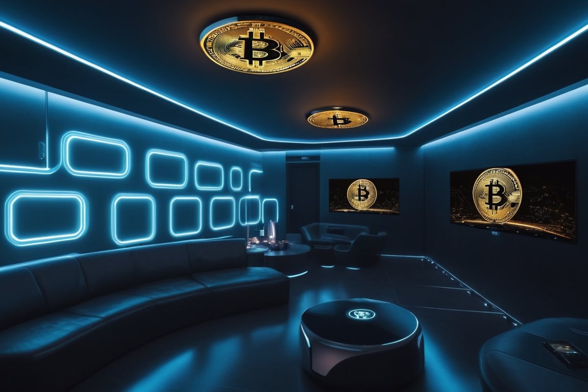 Create an image of a futuristic lounge with a Bitcoin light on the ceiling