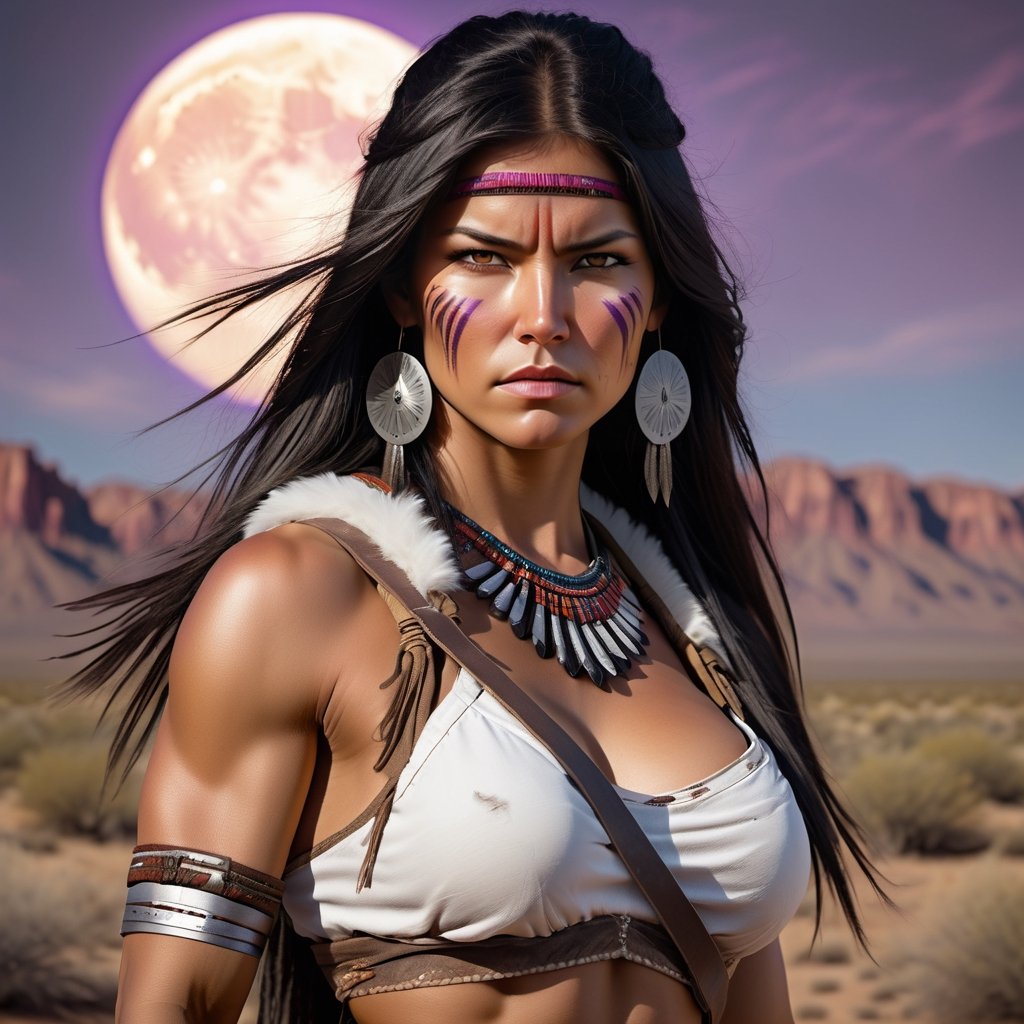 Full Body muscular and extremely beautiful  Apache woman, fierce wild determined unstoppable battle-worn with scars and dirt, fighting stance with legs spread arms wide, wearing white fur vests, with very big(huge)gigantic boobs, Bright High-Contrast, expressive, Solo woman, Amerecan Native, intricate detailed, angry face female, The masterpiece is a beautiful Apache girl with long black hair and golden brown eyes. She is intricately designed, elegant, and highly detailed, appearing extremely lifelike and photorealistic in her full body form. The RAW image was captured using an analog Nikon Z 85mm lens, with a Dutch angle for added visual interest. The award-winning photography showcases the best quality and realism, achieved through meticulous post-processing techniques. The result is an ultra-realistic, 8k UHD image with cinematic lighting. large breasts plate, futuristic, cowboy_shot, technologic, panel, half face mask, combat technology, tech filigrane, gold, aluminium, purple metalized, studio photography, 8k, super_detailed, ultra_high_resolution, Best quality, masterpiece, dynamic lighting, depth of field, deep shadow, RAW photo, best quality, Full moon,detailmaster2