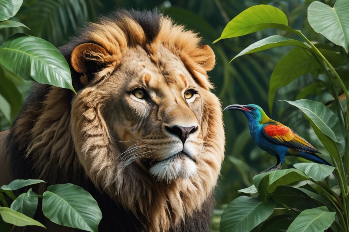 Cinematic Photo:1.3) of (Ultra detailed:1.3)a big lion male with a Sunbird sitting on the lion's nose, hiding behind the leaves in the rainforest, in the style of Bloomsbury group, expressive character design, focus on joints/connections, leaf patterns, playful animation, shaped canvas, soft watercolors, Highly Detailed