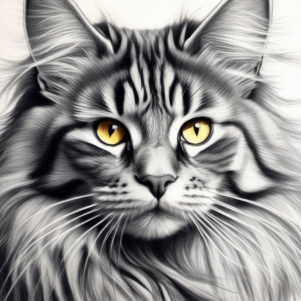 Create A pencil sketch of a Main Coon Cat with golden brown eyes. Dark energy emitting, death aura , sharp focus, high quality, high detailed.